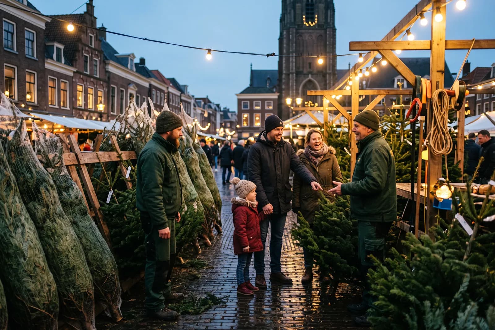 Kraam van Round Table 158 vol Nordmann-kerstbomen op het Raadhuisplein in Bodegraven, in warm avondlicht