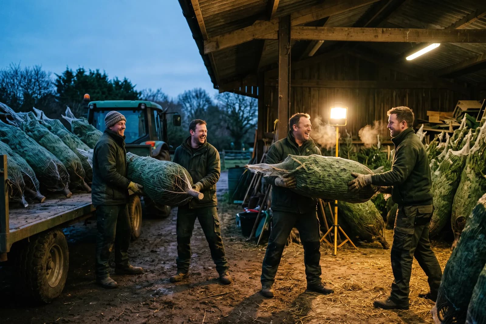 Vrijwilligers van Round Table 158 laden kerstbomen in voor de bezorging