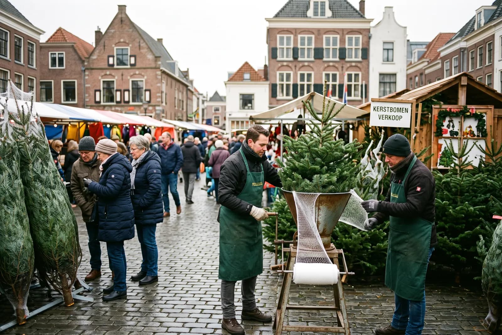 Kraam van Round Table 158 met kerstbomen op het Raadhuisplein in Bodegraven, overdag